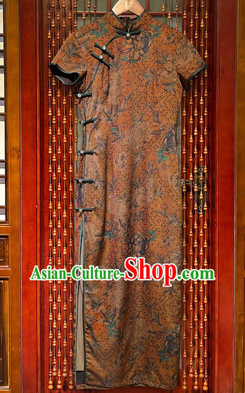 Chinese Traditional Printing Orange Silk Cheongsam Classical Stand Collar Qipao Dress National Stage Show Clothing