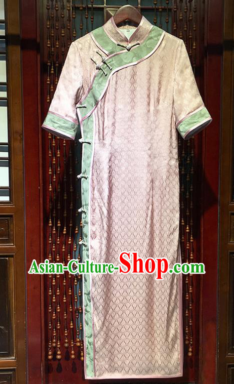 Chinese Traditional Young Lady Pink Cheongsam Stand Collar Qipao Dress Classical Female Scholar Clothing