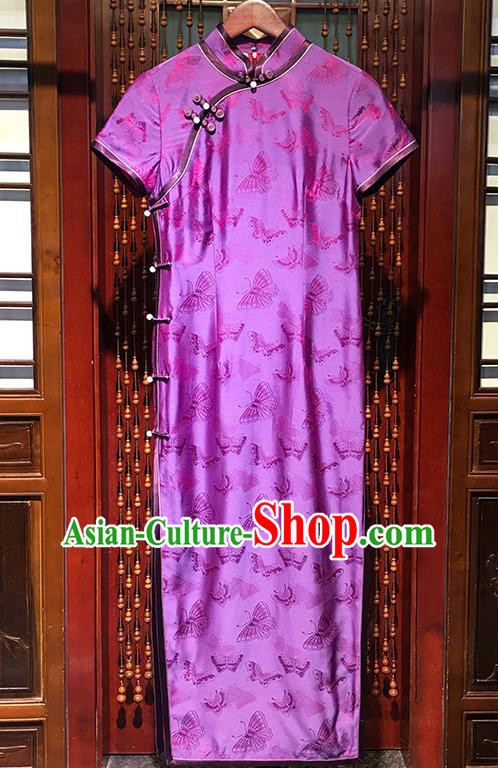 Republic of China Silk Cheongsam Traditional Butterfly Pattern Purple Qipao Dress Clothing