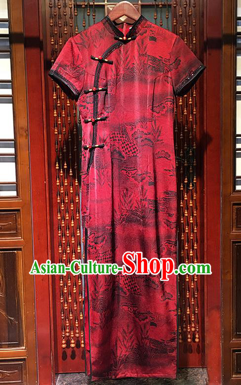 China Traditional Wedding Red Silk Cheongsam Clothing Traditional Bride Toast Qipao Dress