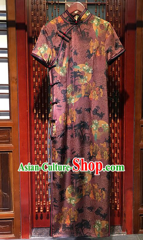 China Catwalks Purplish Red Silk Qipao Dress Traditional Printing Long Cheongsam Bride Clothing