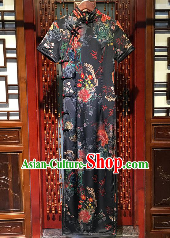 China Stage Performance Clothing Classical Black Silk Qipao Dress Traditional Printing Peony Long Cheongsam