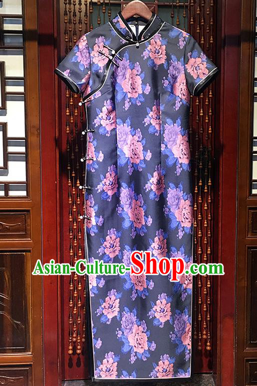 China Traditional Slant Opening Cheongsam Modern Printing Peony Purple Qipao Dress Stage Performance Clothing