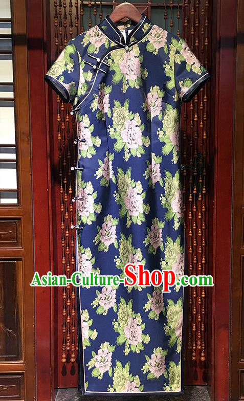 China Modern Printing Peony Blue Qipao Dress Stage Performance Clothing Traditional Slant Opening Cheongsam