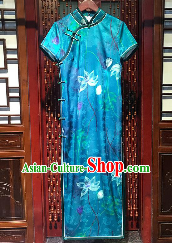 China Stand Collar Qipao Dress Classical Dance Clothing Traditional Printing Lotus Blue Satin Cheongsam
