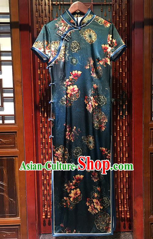 China Classical Dance Clothing Traditional Printing Mangnolia Cheongsam Stand Collar Atrovirens Qipao Dress