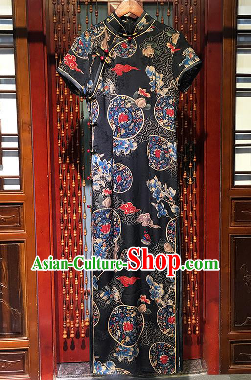 China Classical Stage Show Clothing National Black Silk Qipao Dress Traditional Printing Mangnolia Cheongsam