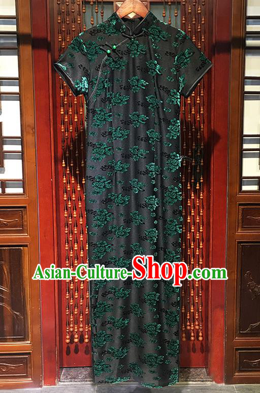 China National Printing Green Flowers Qipao Dress Classical Mother Clothing Traditional Elderly Woman Cheongsam