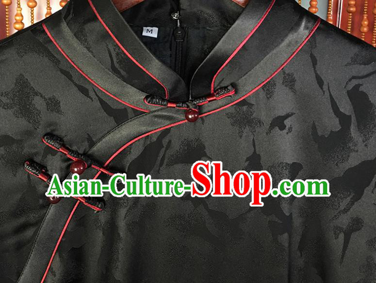 China National Black Silk Qipao Dress Classical Mother Elegant Clothing Traditional Feather Pattern Cheongsam