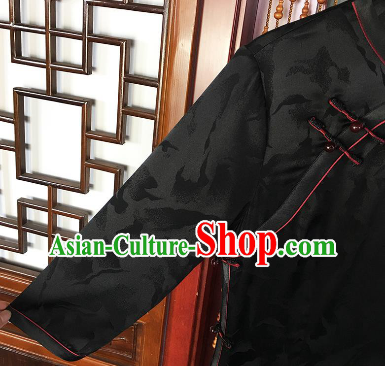 China National Black Silk Qipao Dress Classical Mother Elegant Clothing Traditional Feather Pattern Cheongsam