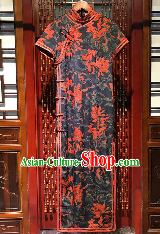 China Classical Dance Clothing Traditional Long Cheongsam National Printing Orange Flowers Qipao Dress
