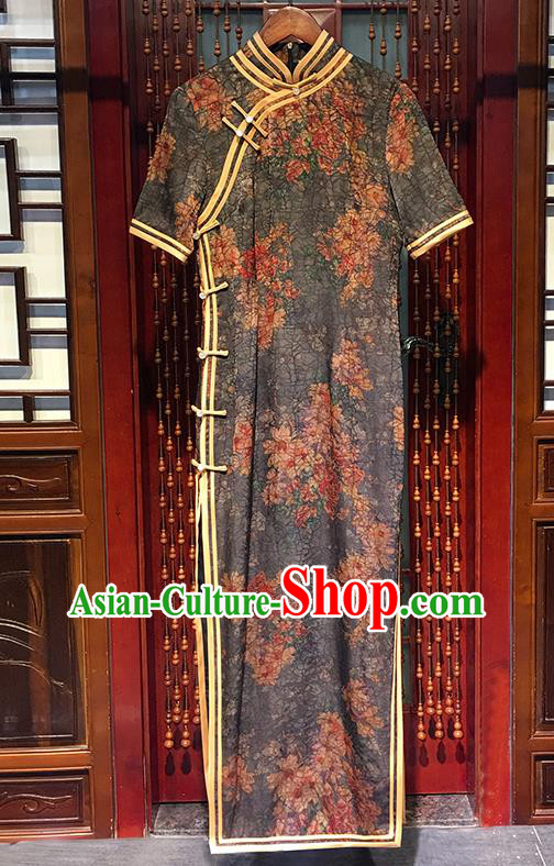 China Traditional Stand Collar Cheongsam National Printing Peach Blossom Grey Silk Qipao Dress