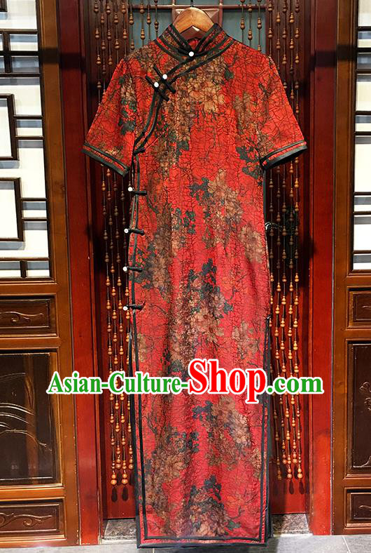 China National Printing Peach Blossom Red Silk Qipao Dress Bride Clothing Traditional Stand Collar Cheongsam