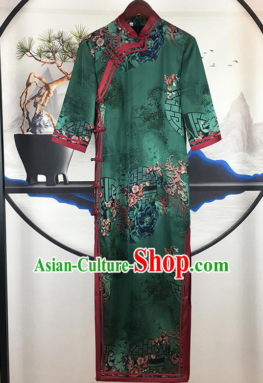 China National Green Satin Qipao Dress Classical Dance Clothing Traditional Stage Performance Cheongsam