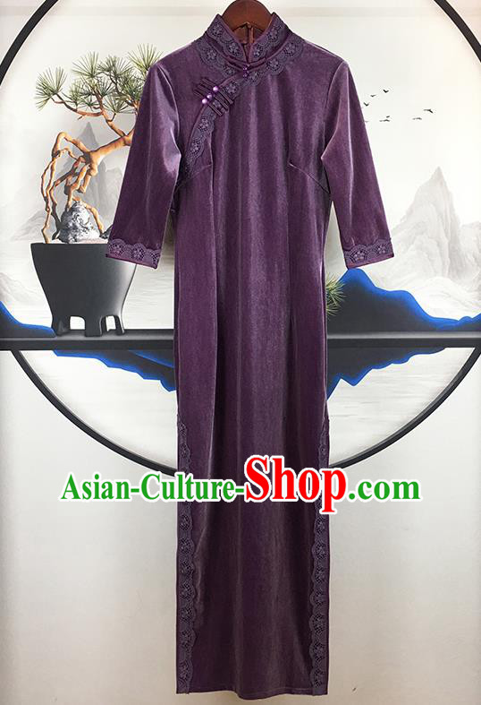 China Modern Stage Show Clothing National Qipao Dress Traditional Purple Velvet Cheongsam