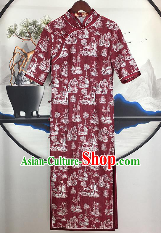 China Stage Show Clothing National Qipao Dress Traditional Dark Red Short Cheongsam