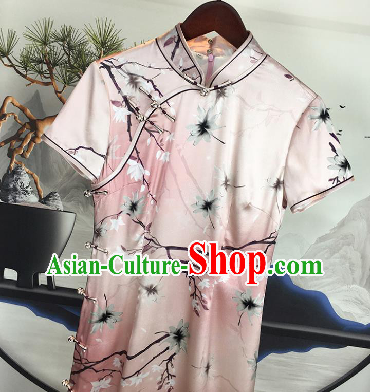 China National Pink Silk Qipao Dress Classical Dance Clothing Traditional Printing Short Cheongsam
