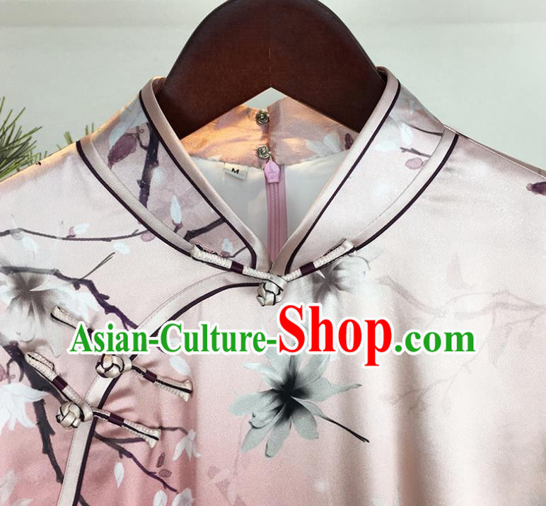 China National Pink Silk Qipao Dress Classical Dance Clothing Traditional Printing Short Cheongsam
