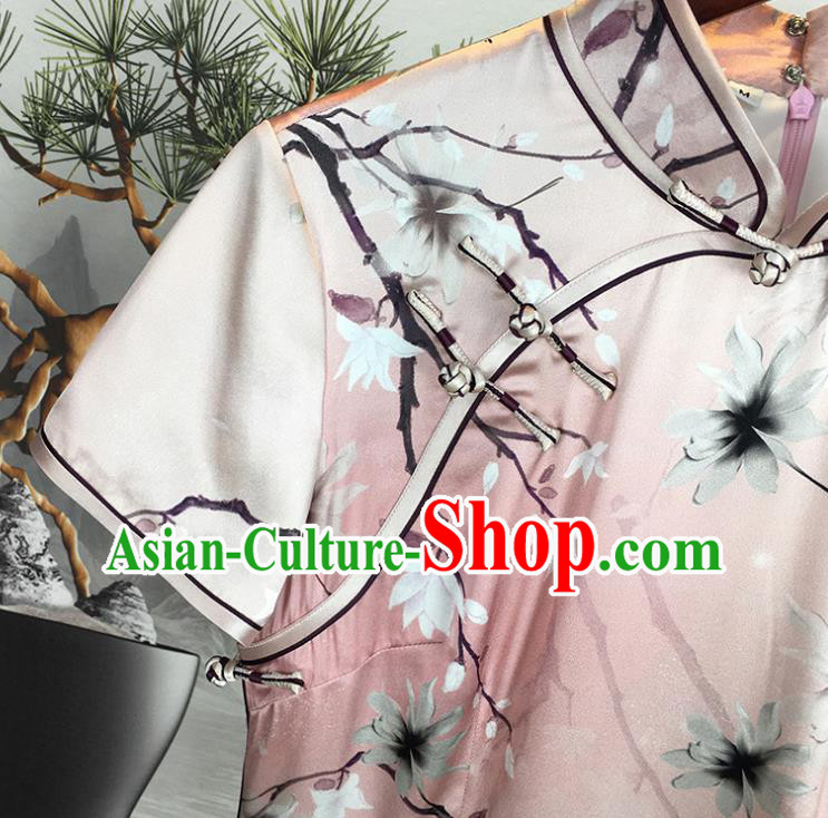 China National Pink Silk Qipao Dress Classical Dance Clothing Traditional Printing Short Cheongsam