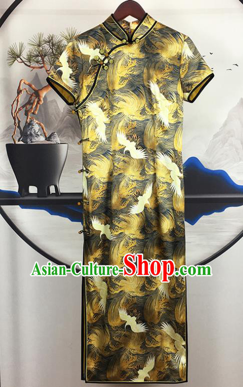 China National Printing Cranes Silk Qipao Dress Classical Young Beauty Clothing Traditional Short Cheongsam