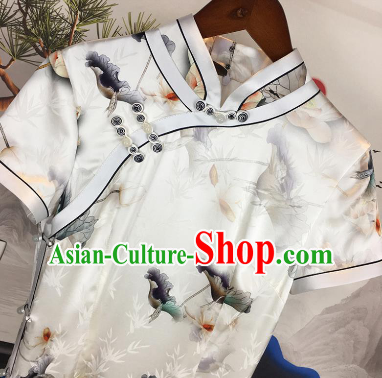 China National Young Woman Clothing Classical White Silk Qipao Dress Traditional Printing Lotus Cheongsam