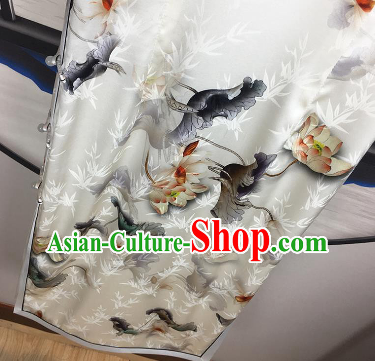 China National Young Woman Clothing Classical White Silk Qipao Dress Traditional Printing Lotus Cheongsam