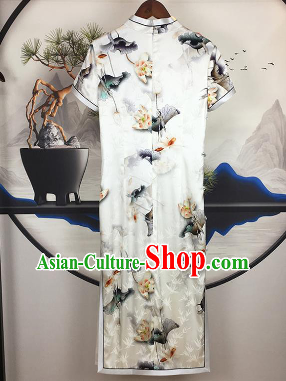 China National Young Woman Clothing Classical White Silk Qipao Dress Traditional Printing Lotus Cheongsam