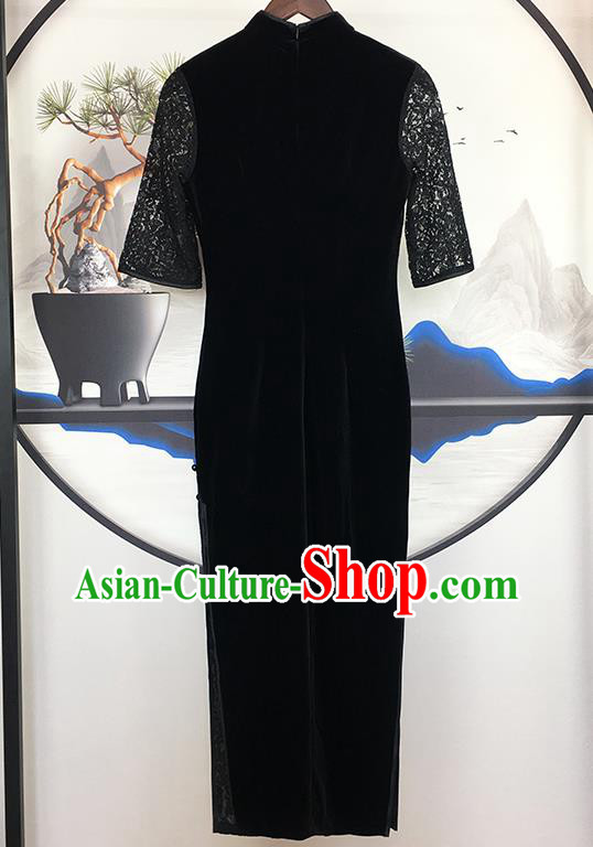 China Traditional Mother Black Velvet Lace Cheongsam National Woman Clothing Modern Catwalks Qipao Dress