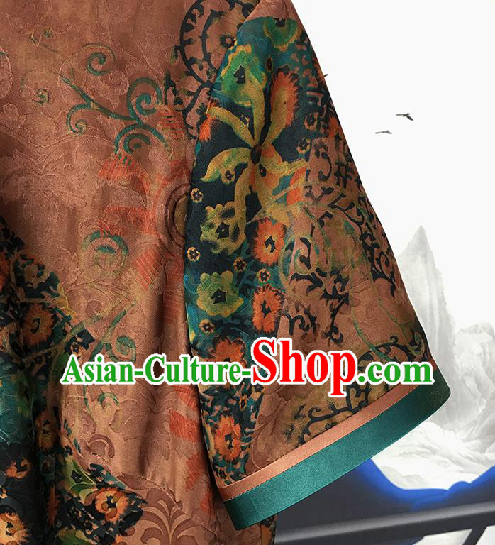 China National Printing Brown Silk Qipao Dress Clothing Traditional Slant Opening Cheongsam