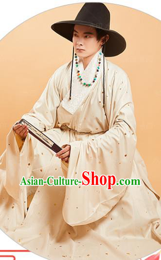 China Ming Dynasty Noble Childe Historical Costume Ancient Swordsman Beige Hanfu Robe for Men