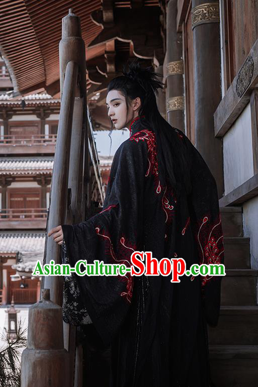 China Ancient Swordsman Black Hanfu Clothing Traditional Jin Dynasty Prince Costumes for Men
