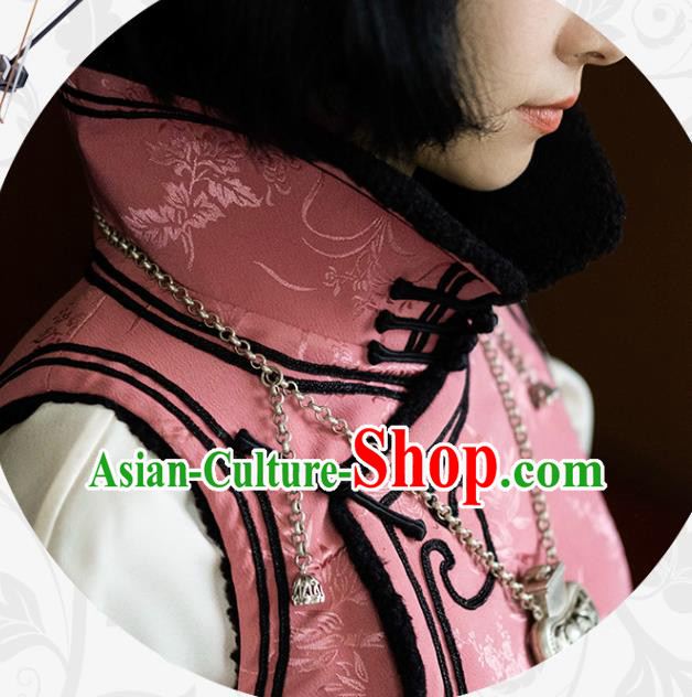 Chinese Traditional Pink Silk Vest Costume National Stand Collar Waistcoat