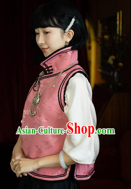 Chinese Traditional Pink Silk Vest Costume National Stand Collar Waistcoat
