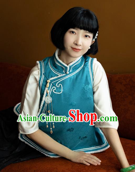 Chinese Traditional Blue Silk Vest Costume National Stand Collar Lambswool Waistcoat