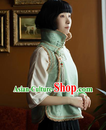Chinese National Stand Collar Lambswool Waistcoat Traditional Light Green Silk Vest Costume
