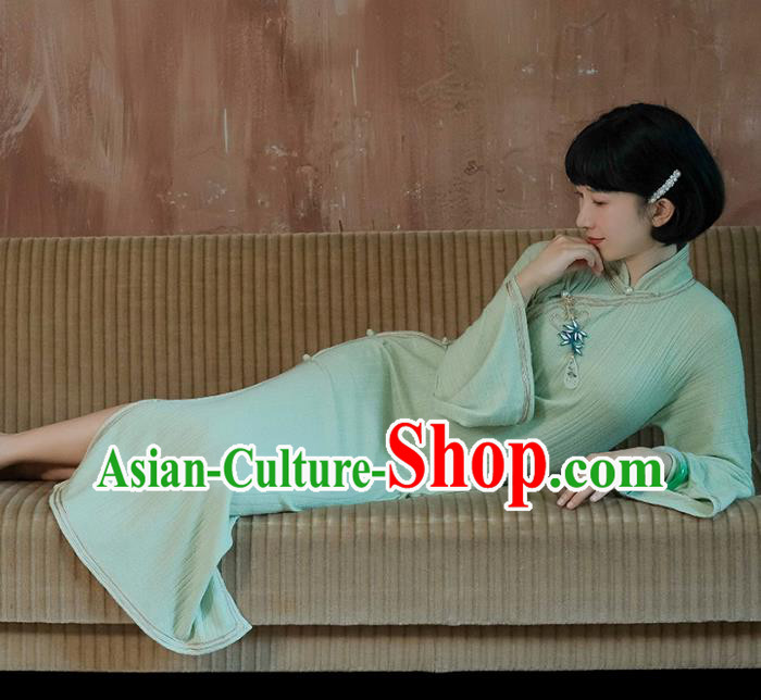 China National Young Lady Knitting Green Qipao Dress Clothing Traditional Mandarin Sleeve Cheongsam