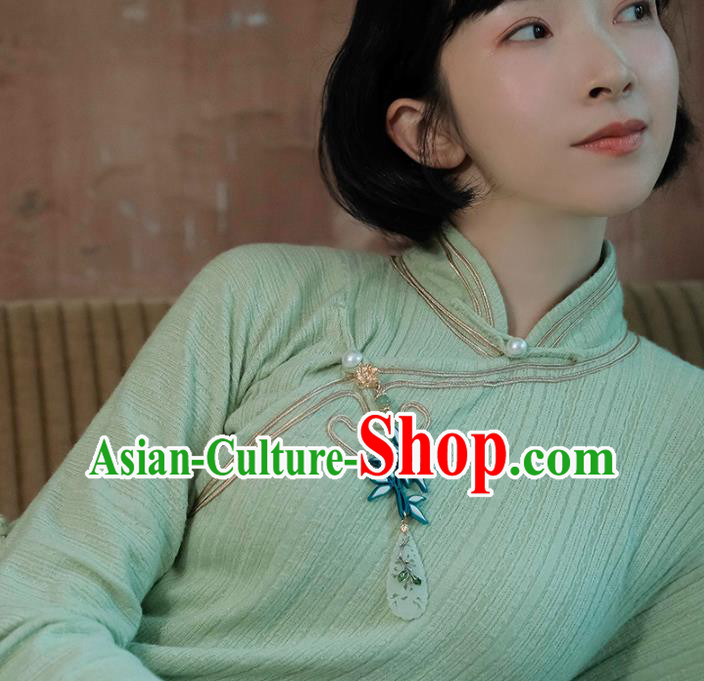 China National Young Lady Knitting Green Qipao Dress Clothing Traditional Mandarin Sleeve Cheongsam