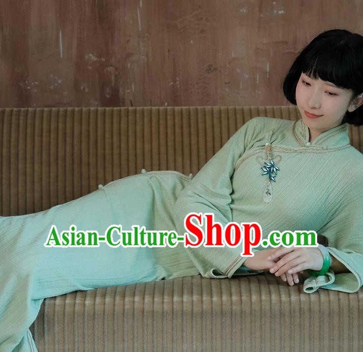 China National Young Lady Knitting Green Qipao Dress Clothing Traditional Mandarin Sleeve Cheongsam