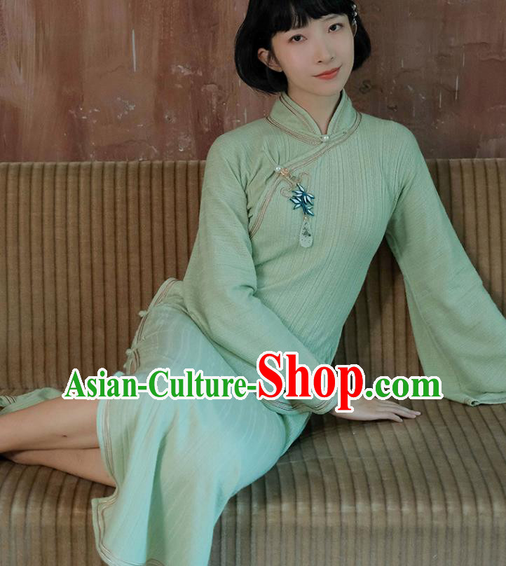 China National Young Lady Knitting Green Qipao Dress Clothing Traditional Mandarin Sleeve Cheongsam