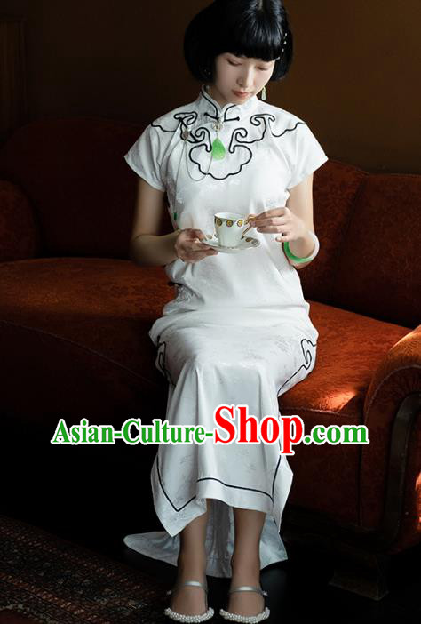 China National White Silk Qipao Dress Clothing Traditional Young Lady Slant Opening Cheongsam