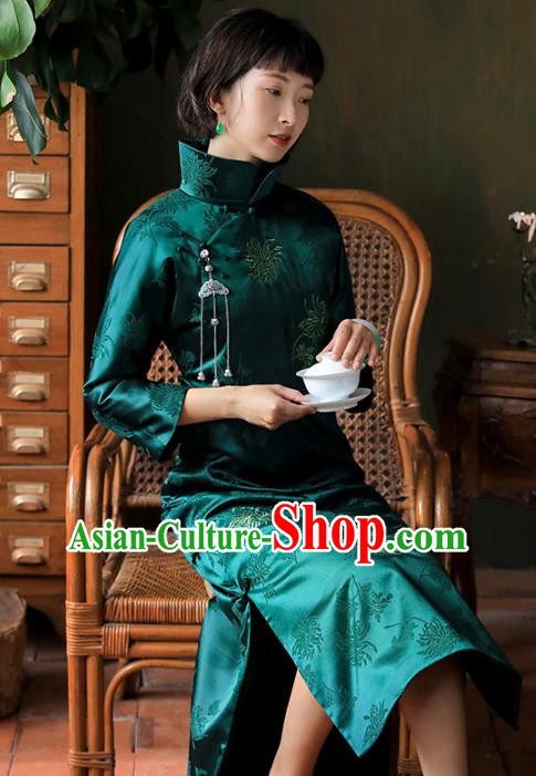 China National Deep Green Silk Qipao Dress Clothing Traditional Young Lady Stand Collar Cheongsam