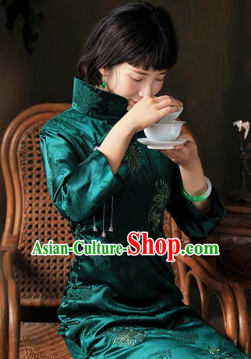 China National Deep Green Silk Qipao Dress Clothing Traditional Young Lady Stand Collar Cheongsam