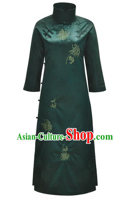 China National Deep Green Silk Qipao Dress Clothing Traditional Young Lady Stand Collar Cheongsam