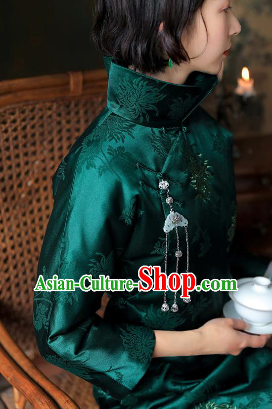 China National Deep Green Silk Qipao Dress Clothing Traditional Young Lady Stand Collar Cheongsam
