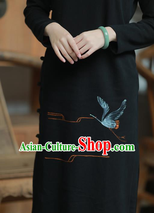 China National Printing Crane Qipao Dress Clothing Traditional Young Lady Slant Opening Black Cheongsam