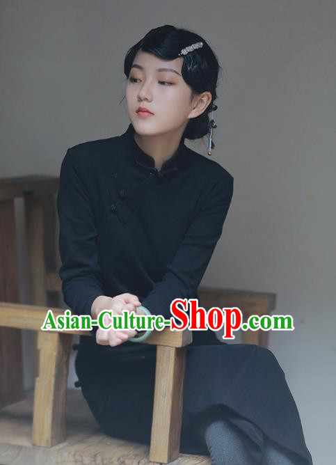 China National Printing Crane Qipao Dress Clothing Traditional Young Lady Slant Opening Black Cheongsam