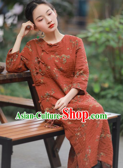 China National Printing Red Flax Qipao Dress Clothing Traditional Young Lady Slant Opening Cheongsam