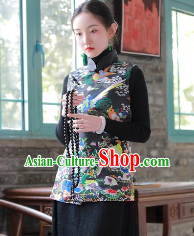 Chinese National Stand Collar Waistcoat Traditional Black Brocade Vest Costume