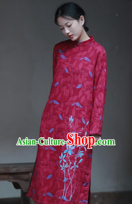 China National Hand Painting Wine Red Flax Qipao Dress Clothing Traditional Young Lady Cheongsam