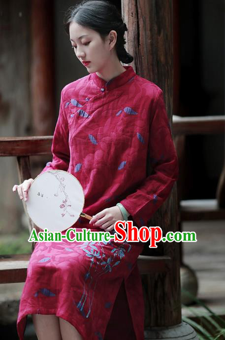 China National Hand Painting Wine Red Flax Qipao Dress Clothing Traditional Young Lady Cheongsam